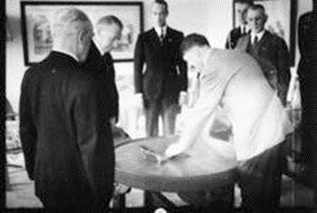 Gustav and Alfried Krupp von Bohlen und Halbach at the Hotel Deutscher Hof offer Hitler a bronze table for his 50th birthday (the table was handed over 1 week later at the Berghof)
